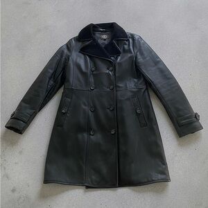 Black Double-Breasted winter  faux Leather Coat with Sherpa Collar